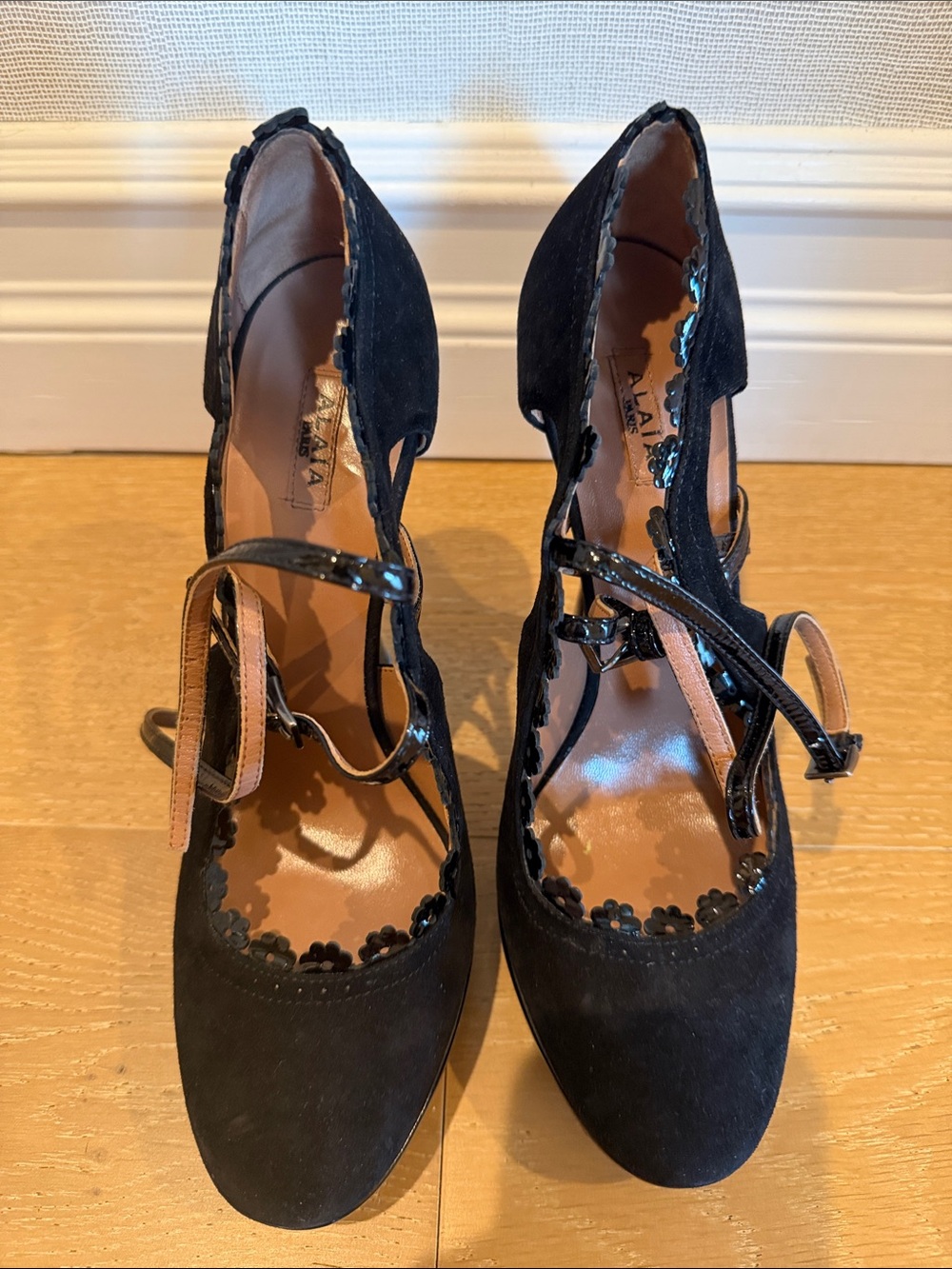 Alaia black Women's Suede Mary Jane Heels with Floral Trim